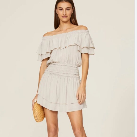 RAMY BROOK New York Off the Shoulder Smocked Waist Navy Ruffle Mini Dress size S - Picture 11 of 11